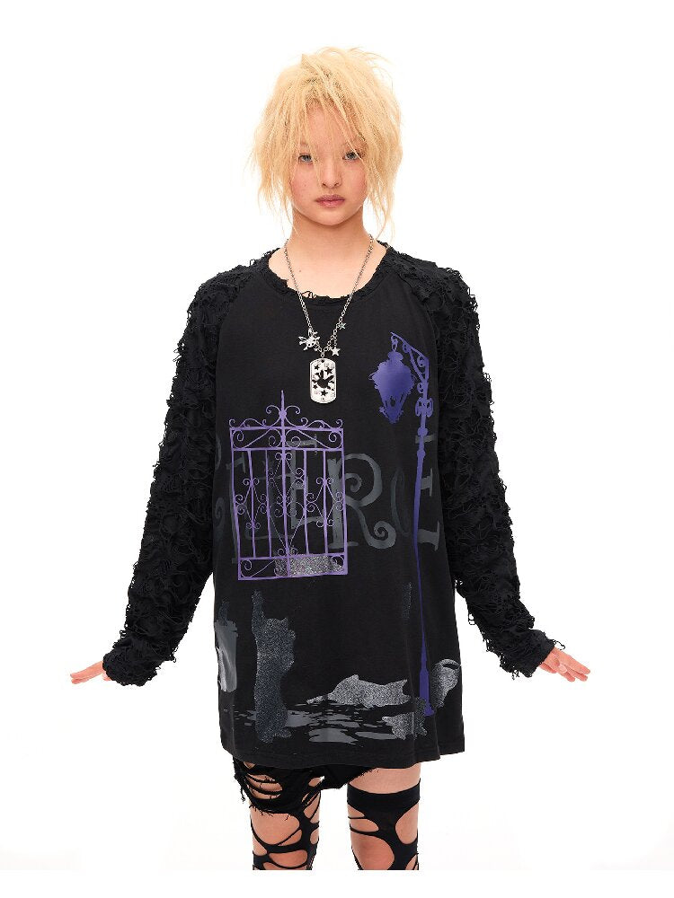 Dark Night Glitter Cat Long T-Shirt【s0000016053】