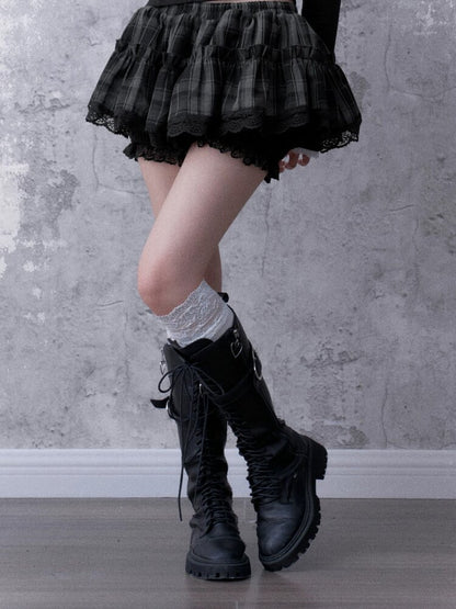 Gray-Black Plaid Puff Mini Skirt【s0000017865】