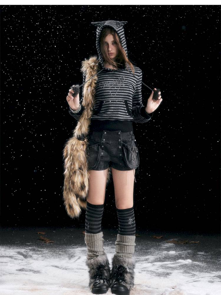 Striped Cat-Ear Hoodie【s0000014425】