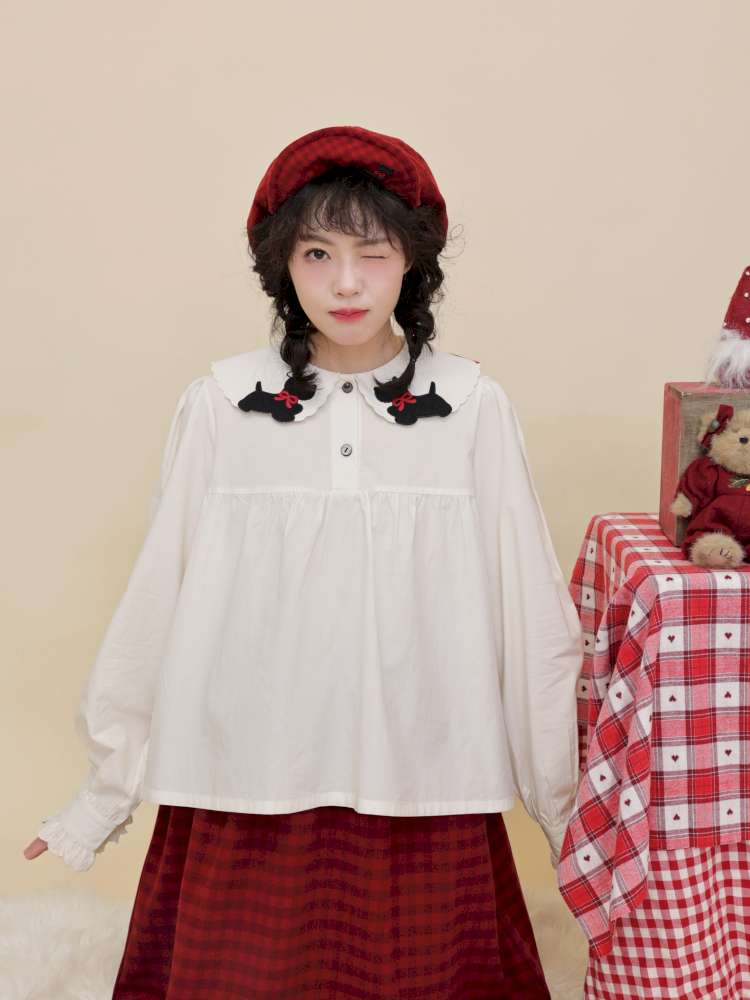 Puppy Bow Embroidery Lace Shirt【s0000015099】