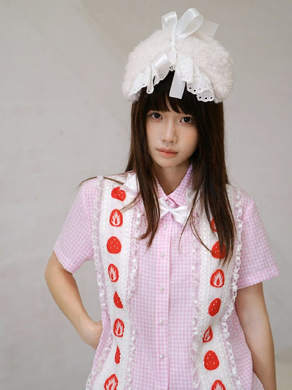 Plaid Lace Bow Short Sleeve Shirt【s0000018541】