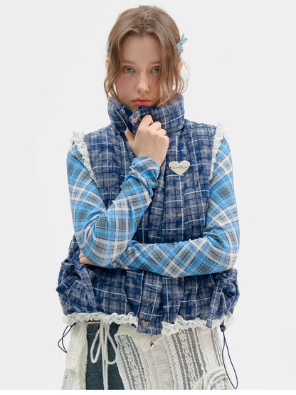 Checkered Splicing Lace Cotton Vest【s0000011504】