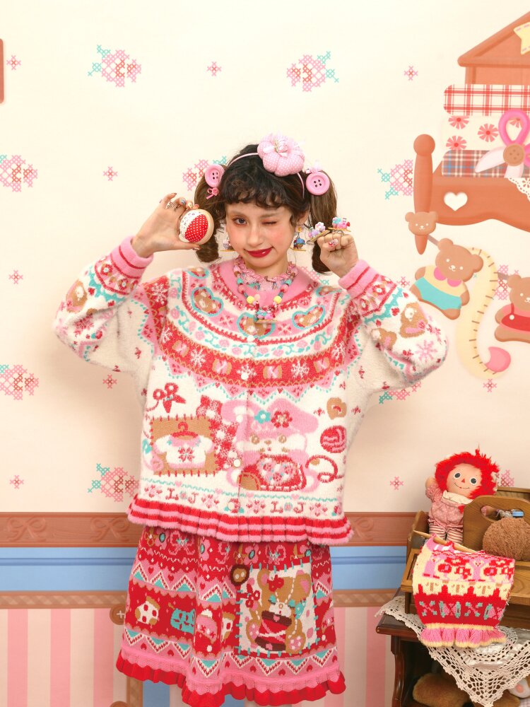 Red Pink Mink Wool Rabbit Cardigan【s0000015572】