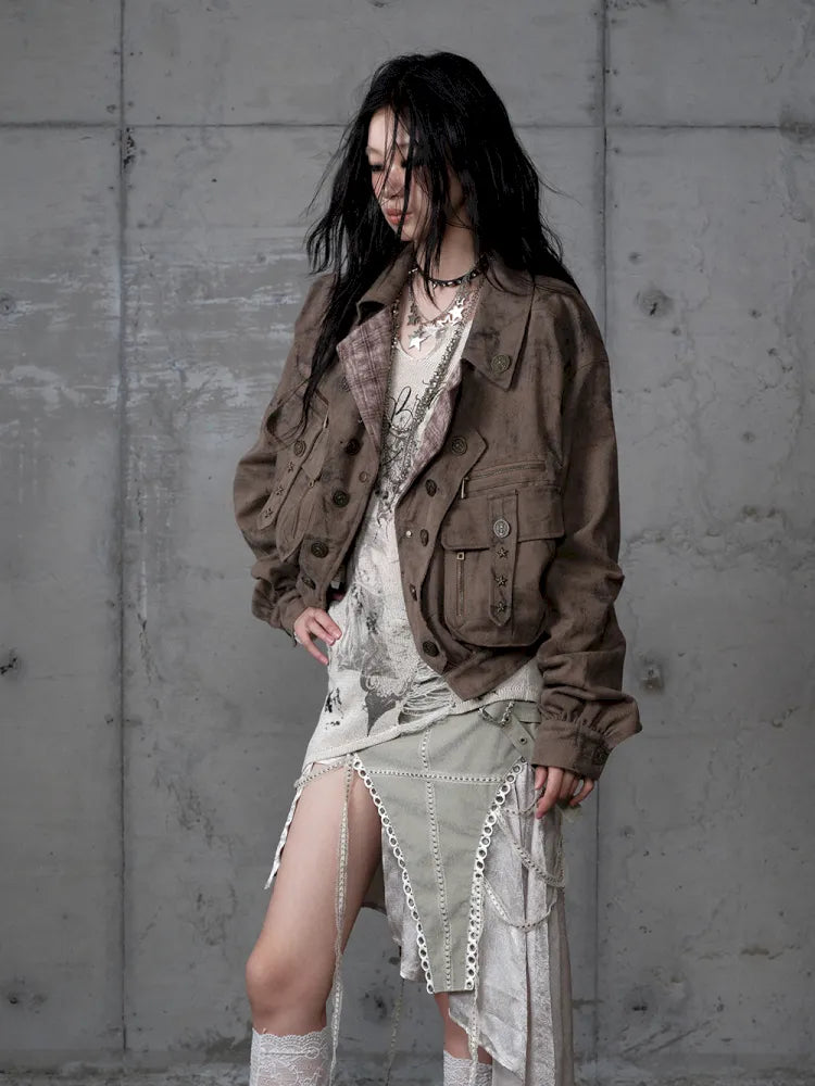 Plaid functional distressed dirty jacket【s0000014114】