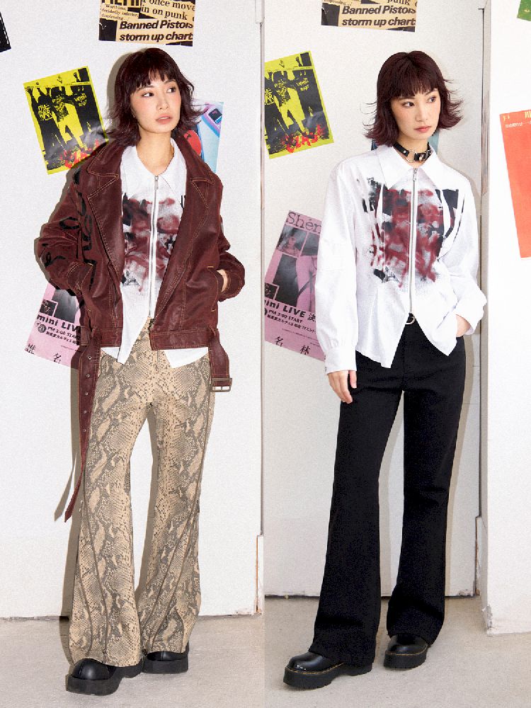 Drop Shoulder Waisted Printed Long Sleeve Shirt【s0000011641】