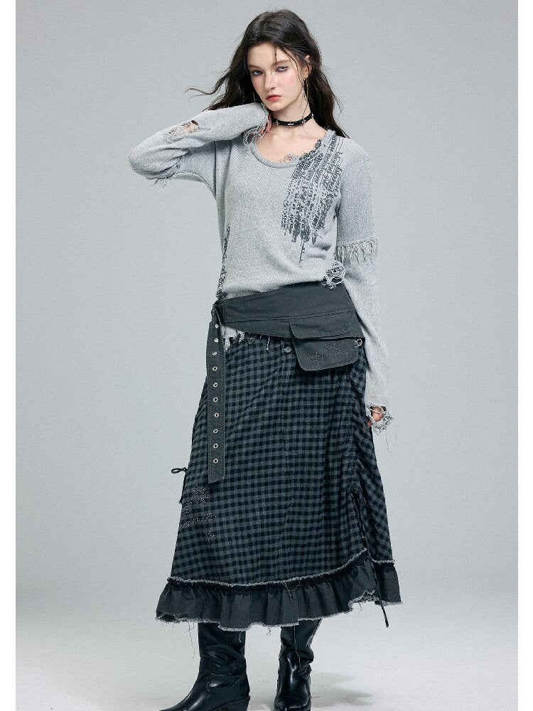 Raw Edge Plaid Patchwork Skirt【s0000016264】
