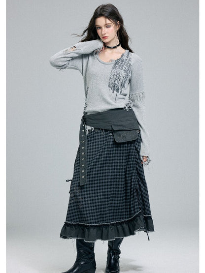 Raw Edge Plaid Patchwork Skirt【s0000016264】