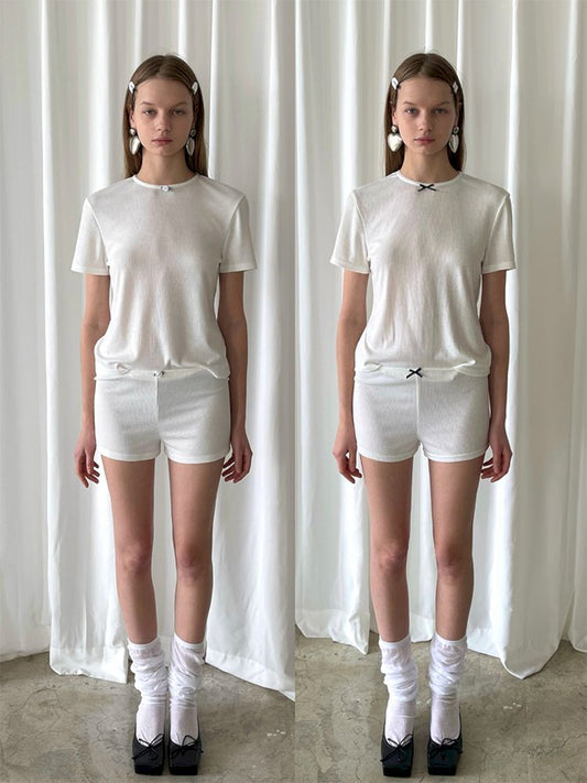 Bow Tie Flower Embellished Short Sleeve Shorts Set【s0000007448】