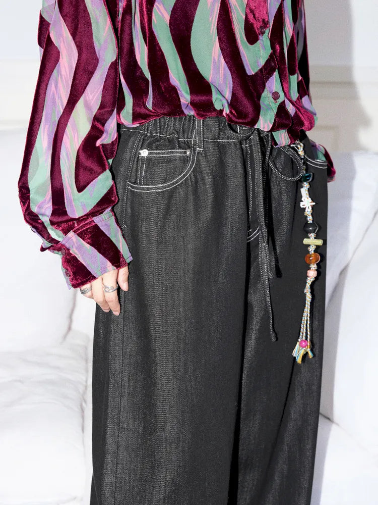 Washed elastic-waist wide-leg long jeans【s0000013990】