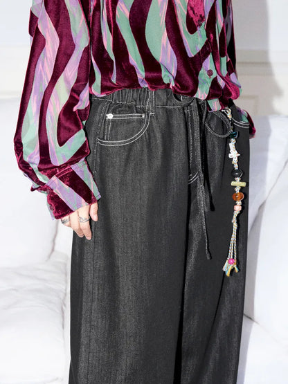 Washed elastic-waist wide-leg long jeans【s0000013990】