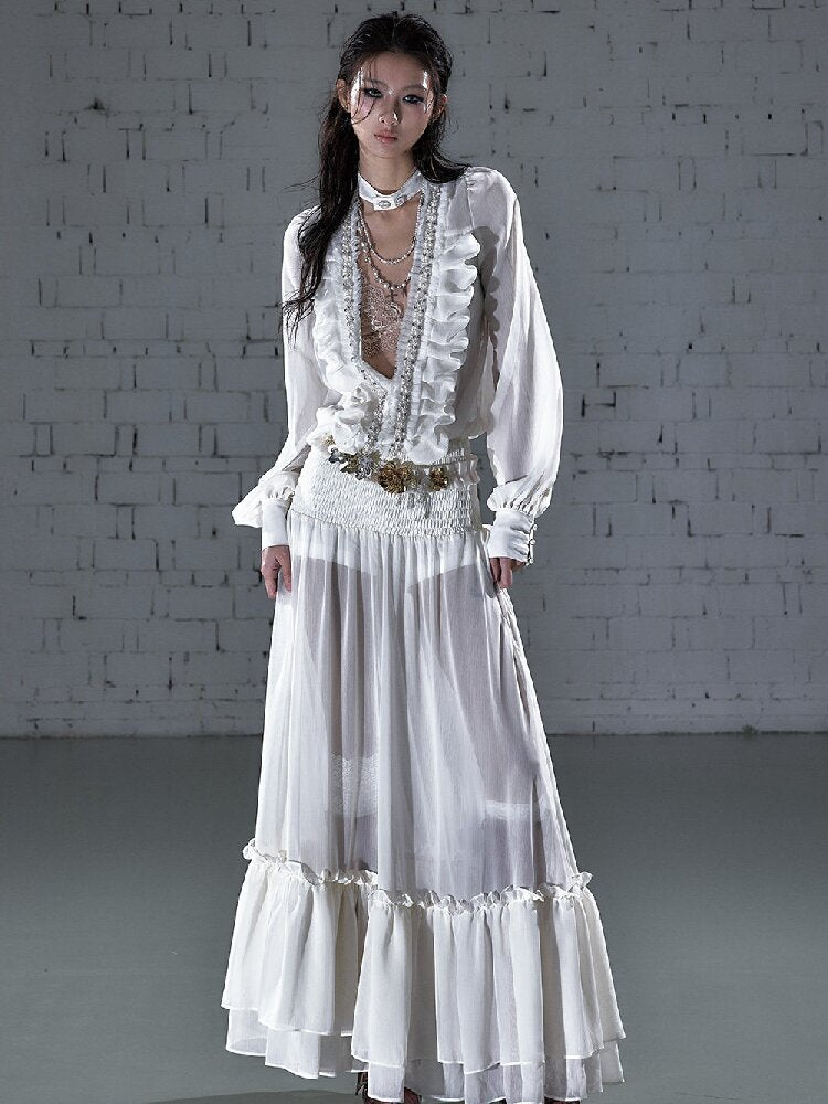 Shirring Deep V Chiffon Dress【s0000015932】