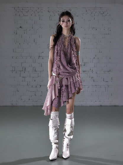 Lace Irregular Hem Halter Dress【s0000016206】