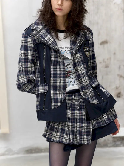 College Punk Badge Plaid Blazer【s0000014204】