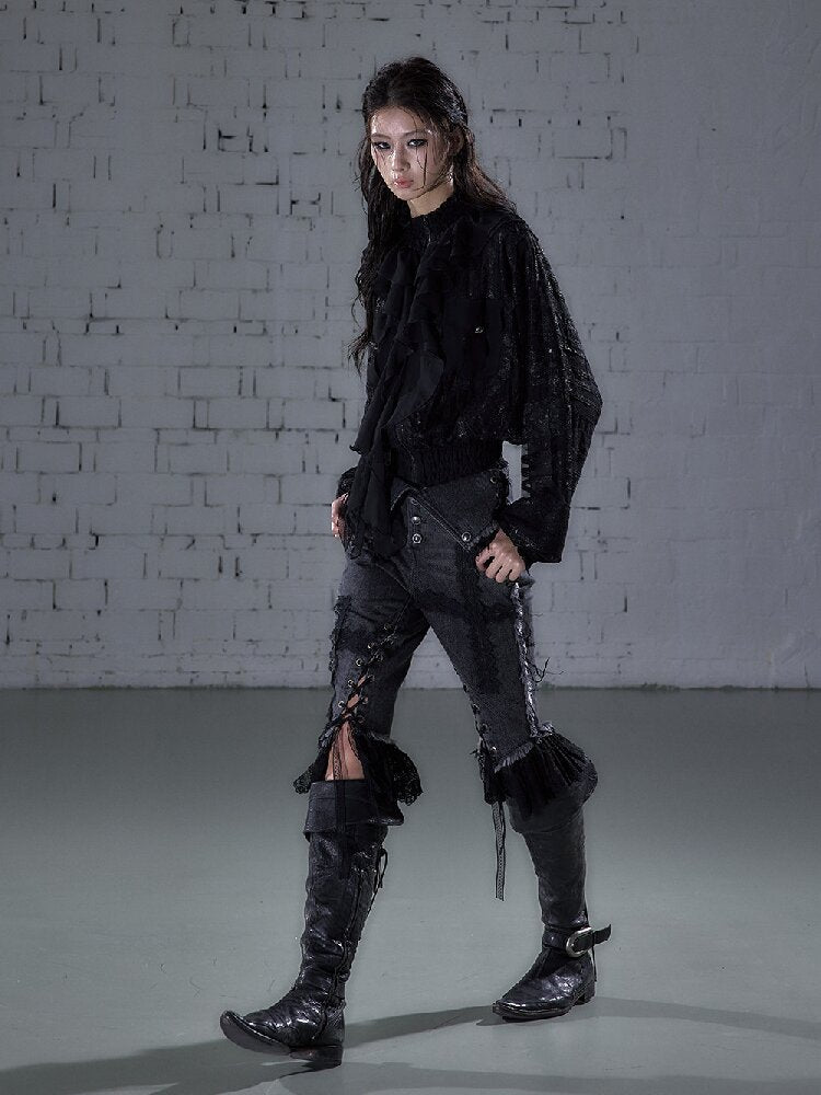 Raw Edge Lace Skinny Denim Pants【s0000016202】