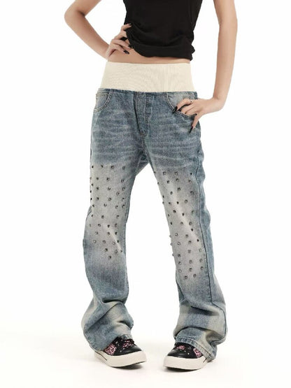 Patchwork Studded Straight Jeans【s0000018362】