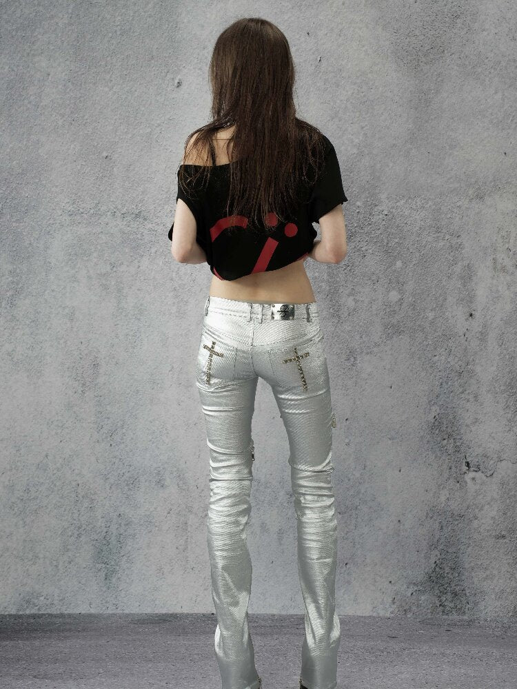 Silver Coated Studded Zip Pants【s0000016946】