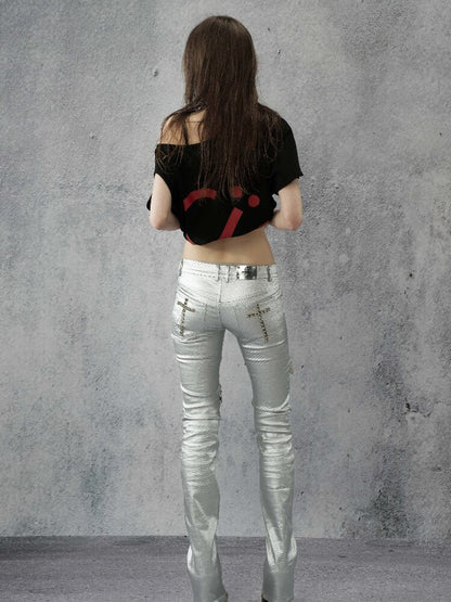 Silver Coated Studded Zip Pants【s0000016946】