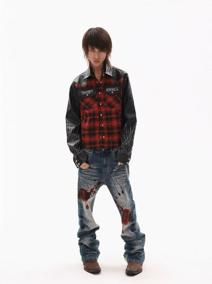 Embroidery Slogan Plaid Leather Jacket【s0000018353】