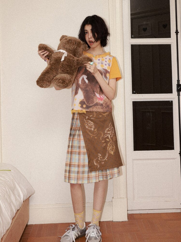 Plaid Flower Pleated Spliced Skirt【s0000015465】