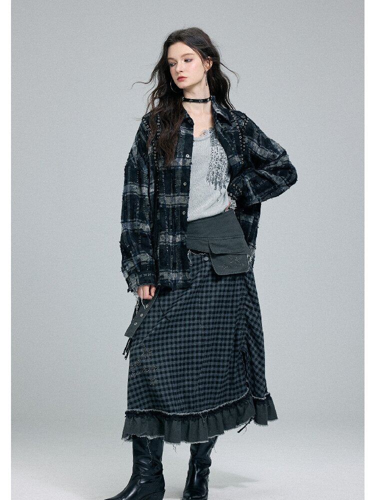 Plaid Strap Torn Long-Sleeved Shirt【s0000016258】