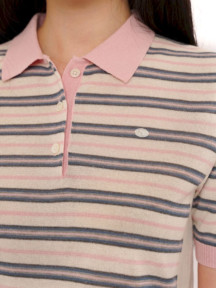 Stripes polo collar short sleeve knit tops【s0000013436】