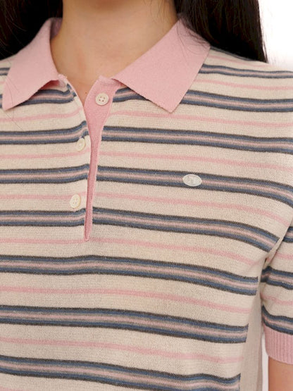 Stripes polo collar short sleeve knit tops【s0000013436】