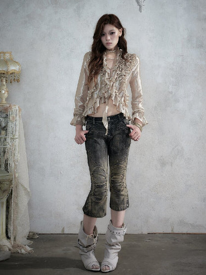 Rhinestone Three-Quarter Jeans【s0000017983】