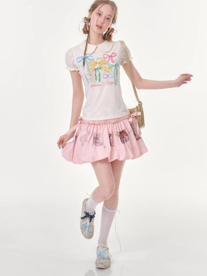 Puff Sleeve Bow Print T-Shirt【s0000016617】