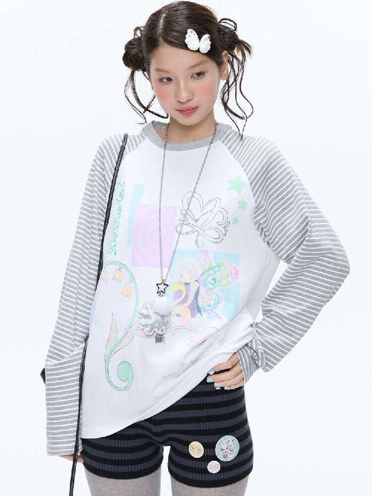 Loose Print Striped Raglan Top【s0000016378】