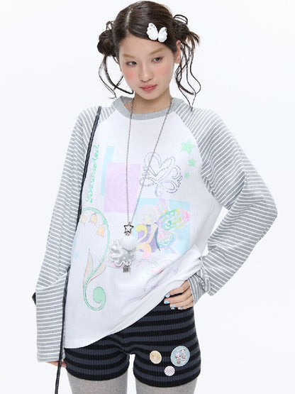 Loose Print Striped Raglan Top【s0000016378】
