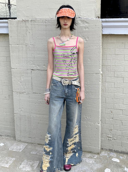 Card-playing girl striped tank top【s0000012959】