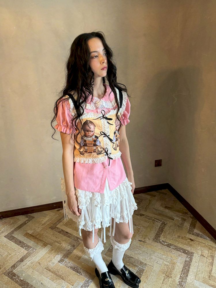 Cute doll print lace bow vest【s0000012760】