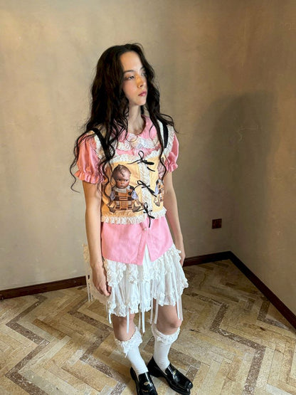 Cute doll print lace bow vest【s0000012760】