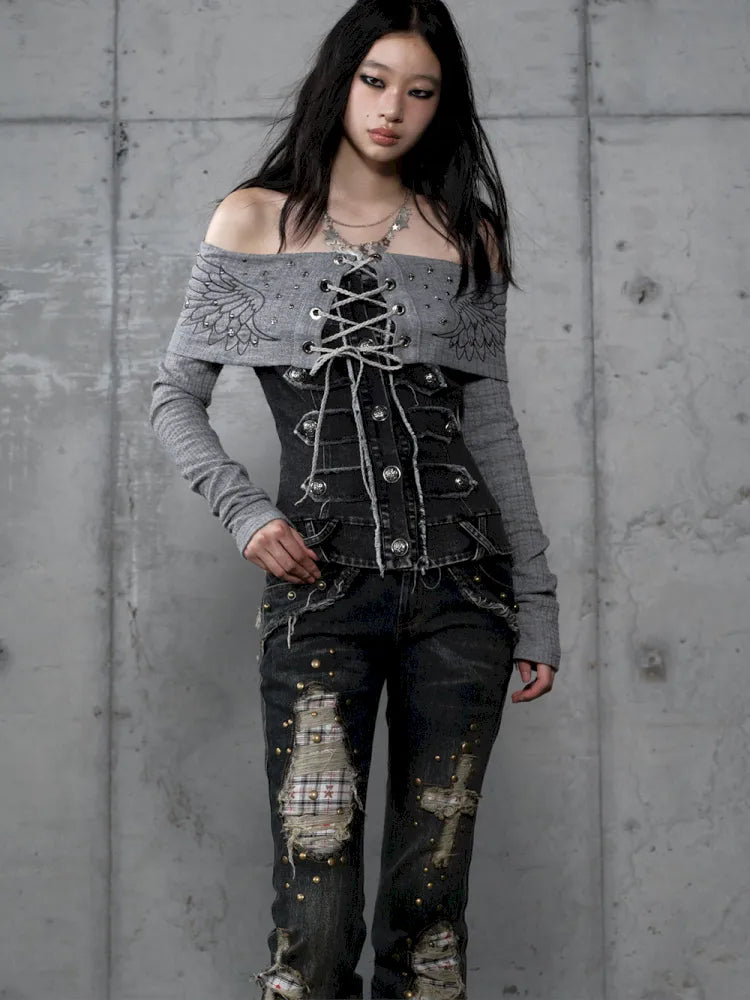 Rhinestone Off-Shoulder Long-Sleeve T-Shirt【s0000014118】