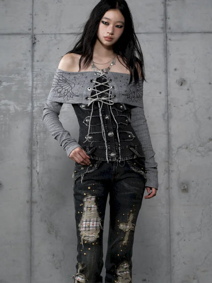 Rhinestone Off-Shoulder Long-Sleeve T-Shirt【s0000014118】