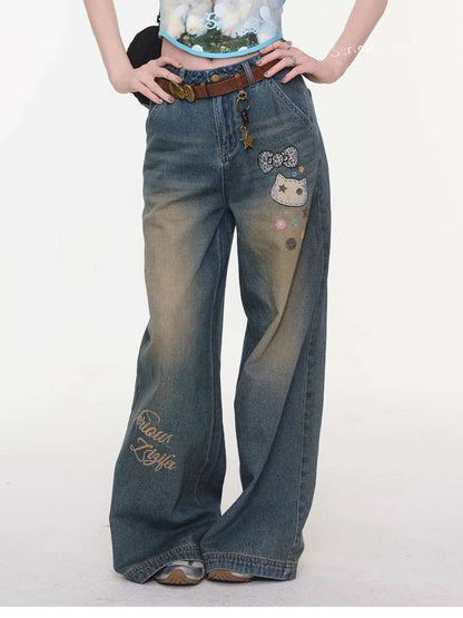 Cat Printed Straight Wide Jeans【s0000015431】