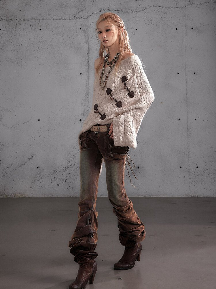 Distressed Pleated Low Rise Jeans【s0000019152】
