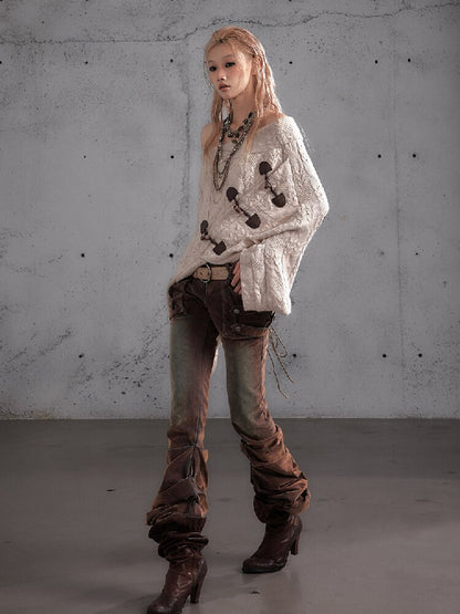 Distressed Pleated Low Rise Jeans【s0000019152】