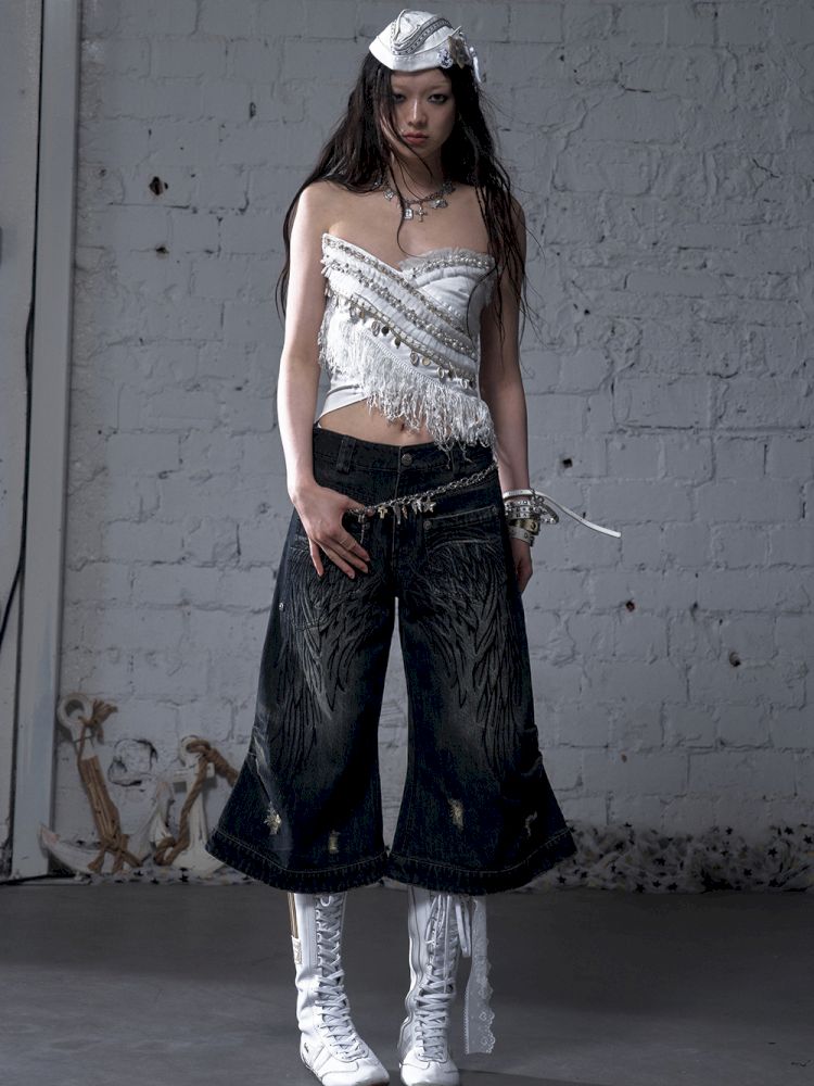 Wide-leg denim cropped pants【s0000012800】