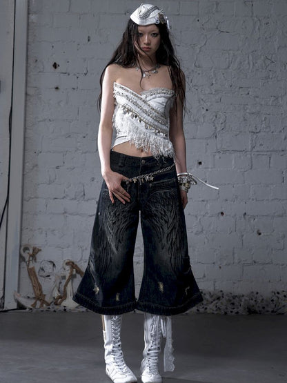 Wide-leg denim cropped pants【s0000012800】