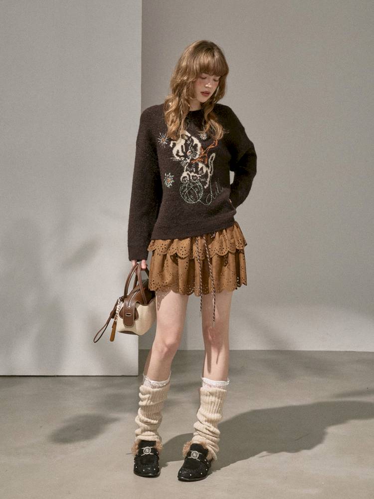 Playful Kitten Round Neck Long Sleeve Sweater【s0000014402】