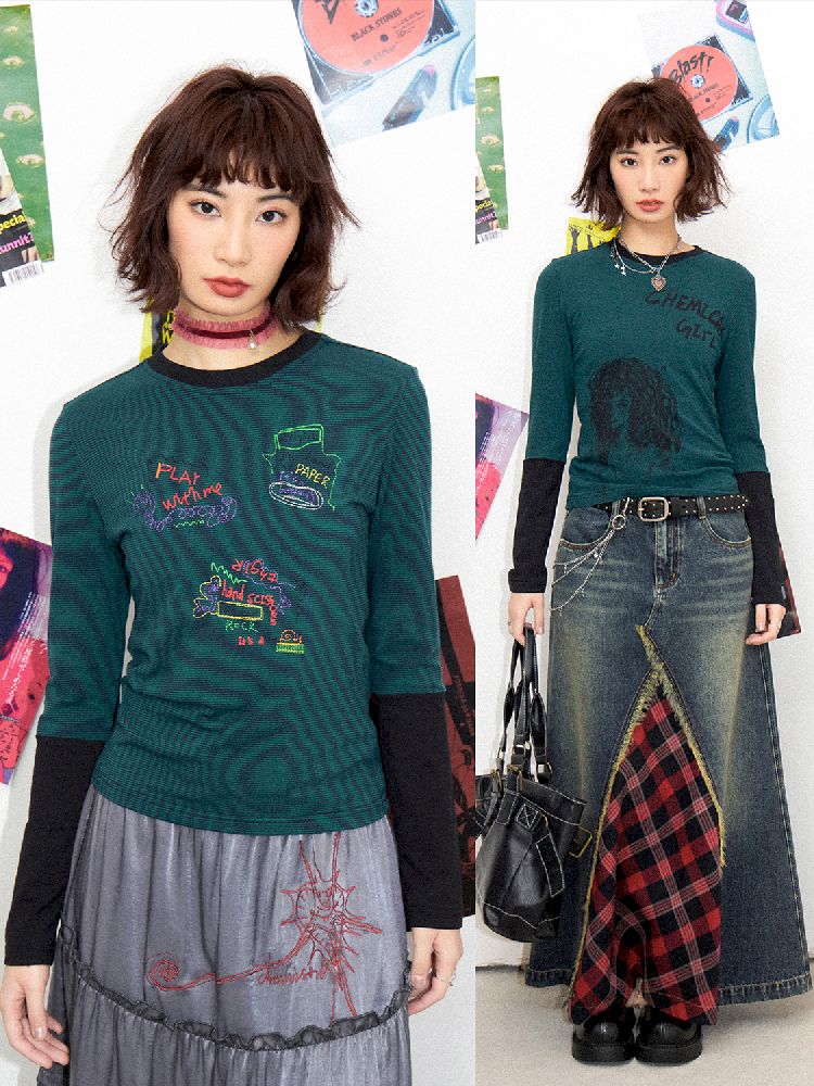 Stripe Splicing Printed T-Shirt【s0000011648】