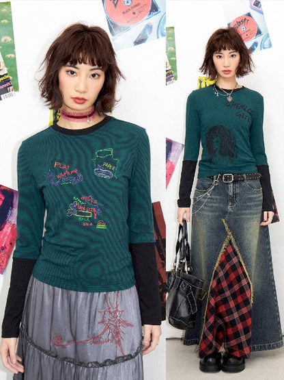 Stripe Splicing Printed T-Shirt【s0000011648】