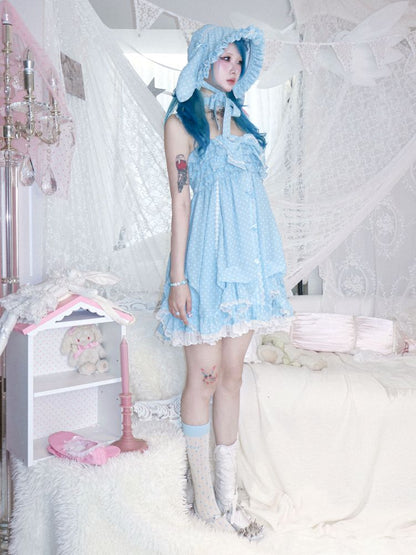 Polka dot strapless dress/chiffon bow jacket【s0000012689】