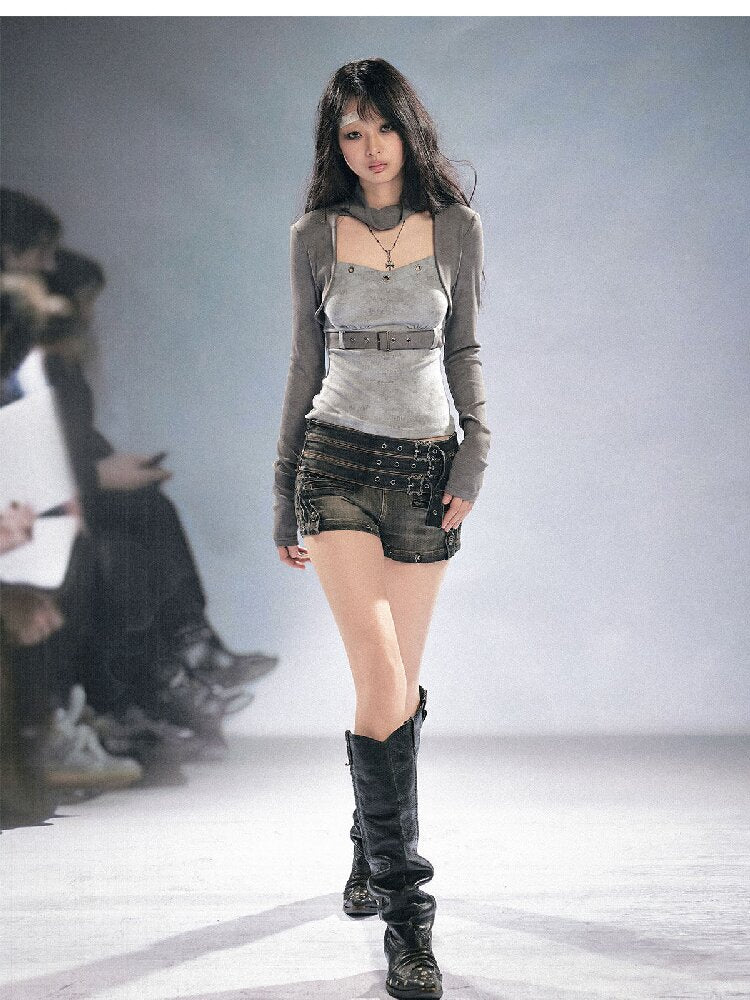 Distressed Metal Buckle Denim Shorts【s0000016285】