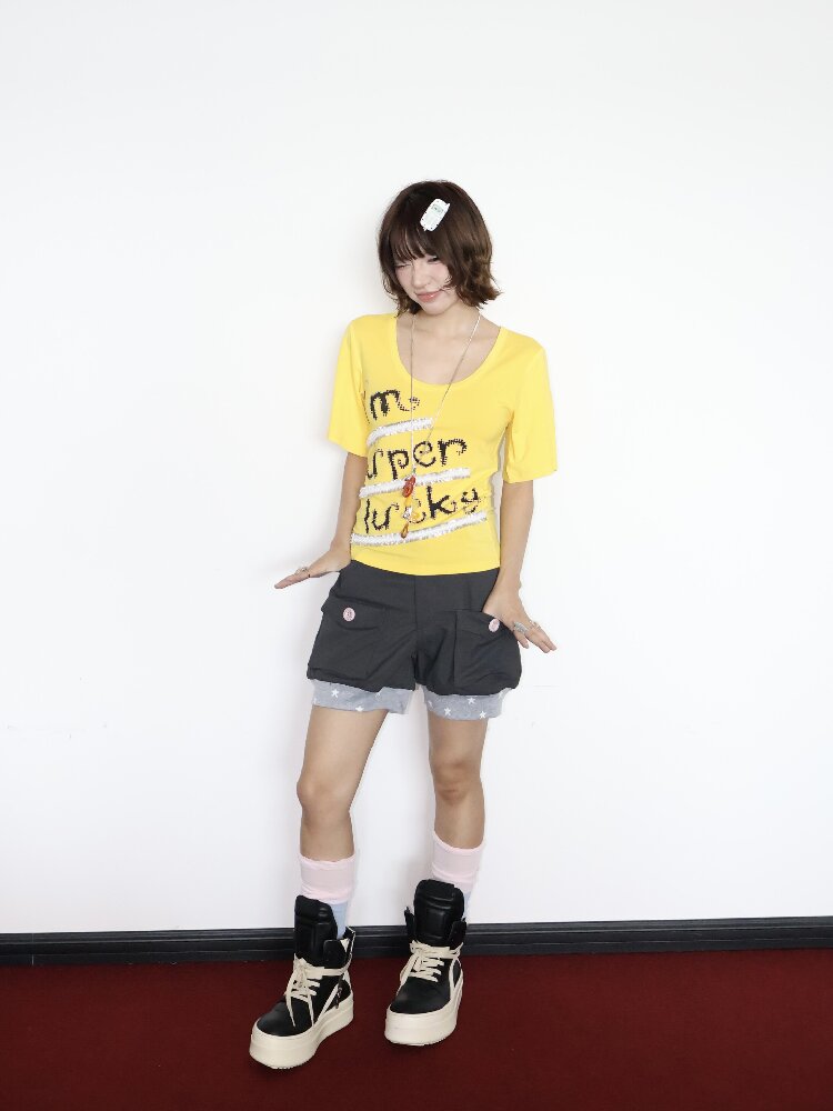 Lucky Slogan Lace Print U-Neck Top【s0000018686】