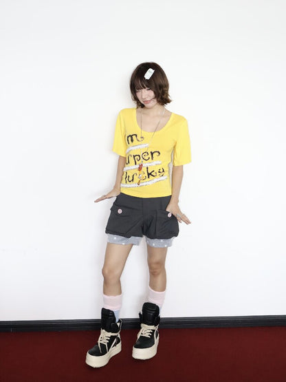 Lucky Slogan Lace Print U-Neck Top【s0000018686】