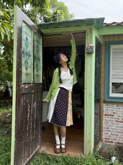 Patchwork lace print polka dot pleated skirt【s0000012769】