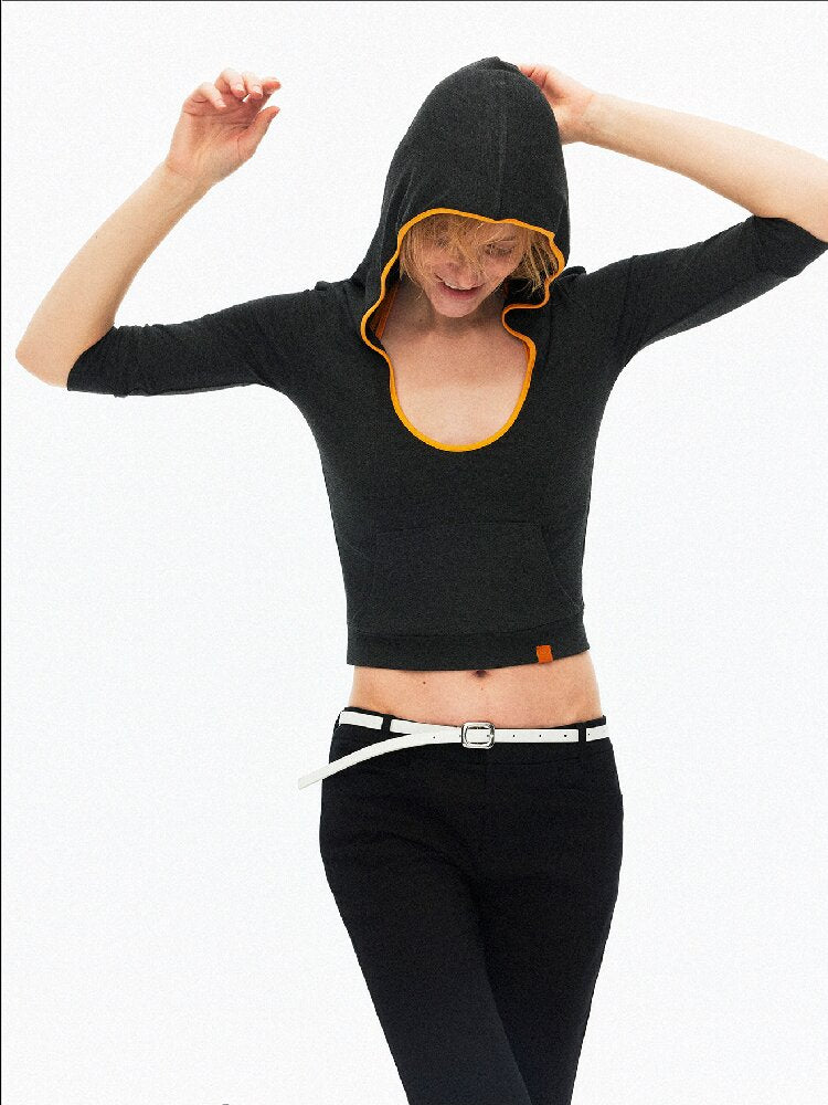 U-Neck Contrast Hooded Knit Top【s0000015918】