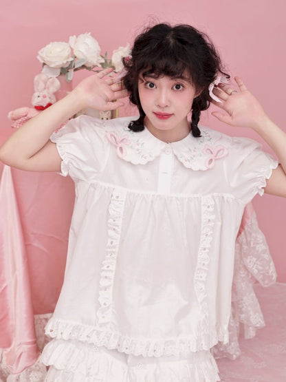 Doll collar puff sleeve lace shirt【s0000012852】
